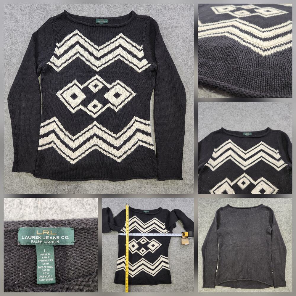 Lauren Ralph LRL Sweater Womens Large Aztec Geometric Knit Pullover Rollneck
